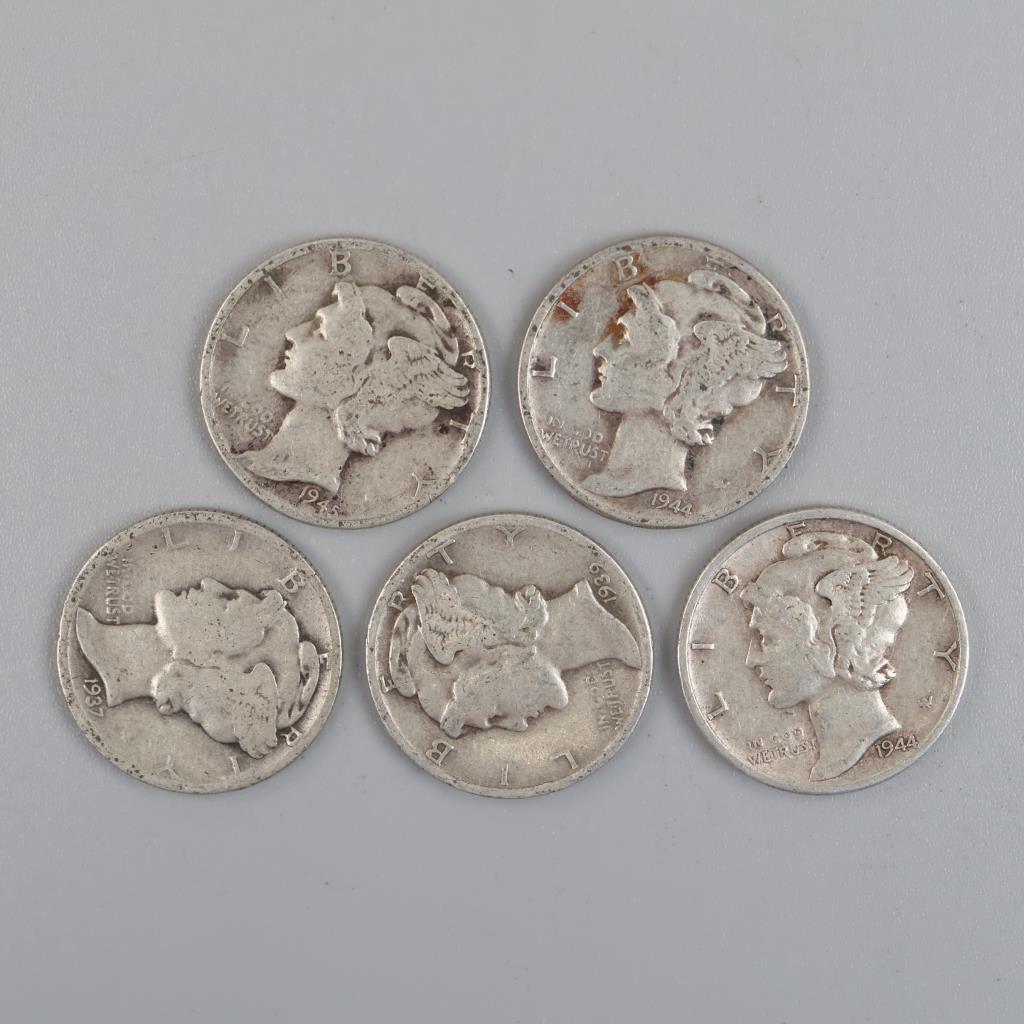 Mercury Silver Dimes, 5 Pieces