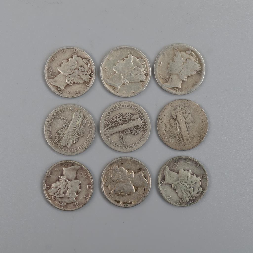 Mercury Silver Dimes, 9 Pieces