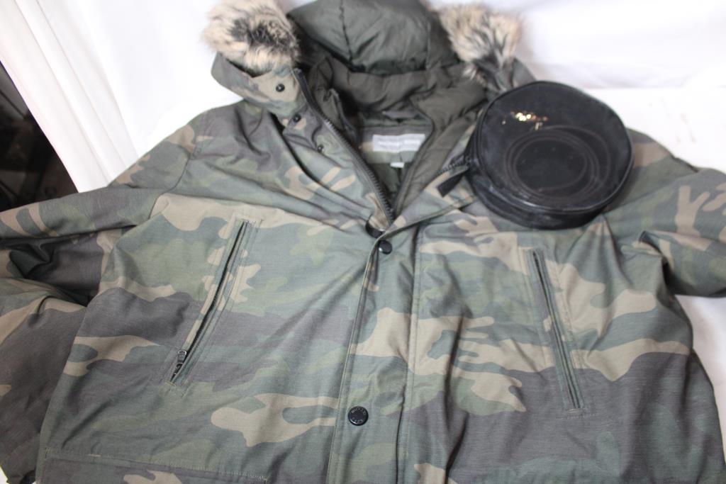 Michael Kors Camo Hooded Coat, Large And MK 46" Logo Belt