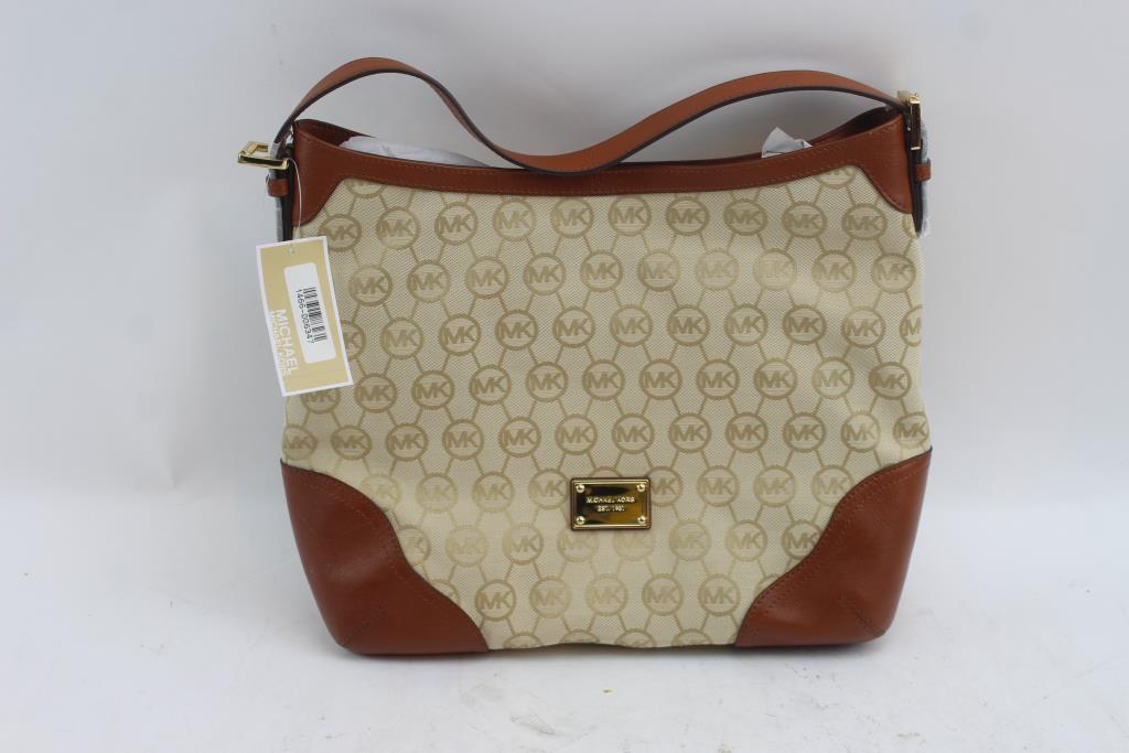 Michael Kors Millbrook Lg Fabric And Leather Shoulder Handbag Purse Michael Kors Millbrook Lg Fabric And Leather Shoulder Handbag Purse