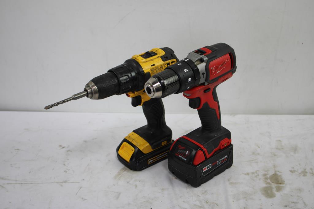 Milwaukee 1/2" Hammer Drill/Driver, Dewalt Drill, Batteries, 5 Pieces