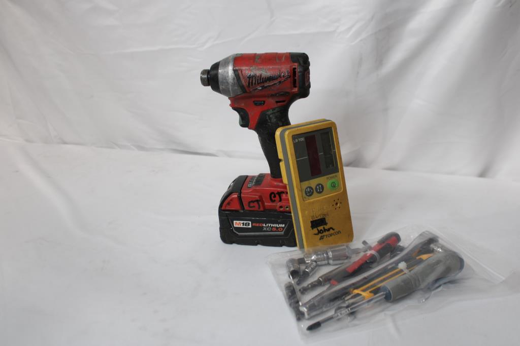 Milwaukee 1/4" Hex Impact Driver, Topcon Laser Receiver, Drive Ratchet, And More