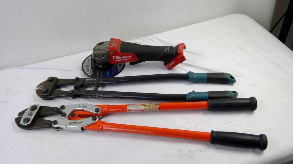 Milwaukee 4-1/2 - 5" Grinder, Crescent HK Porter, And Anvil Bolt Cutters, 3 Pieces