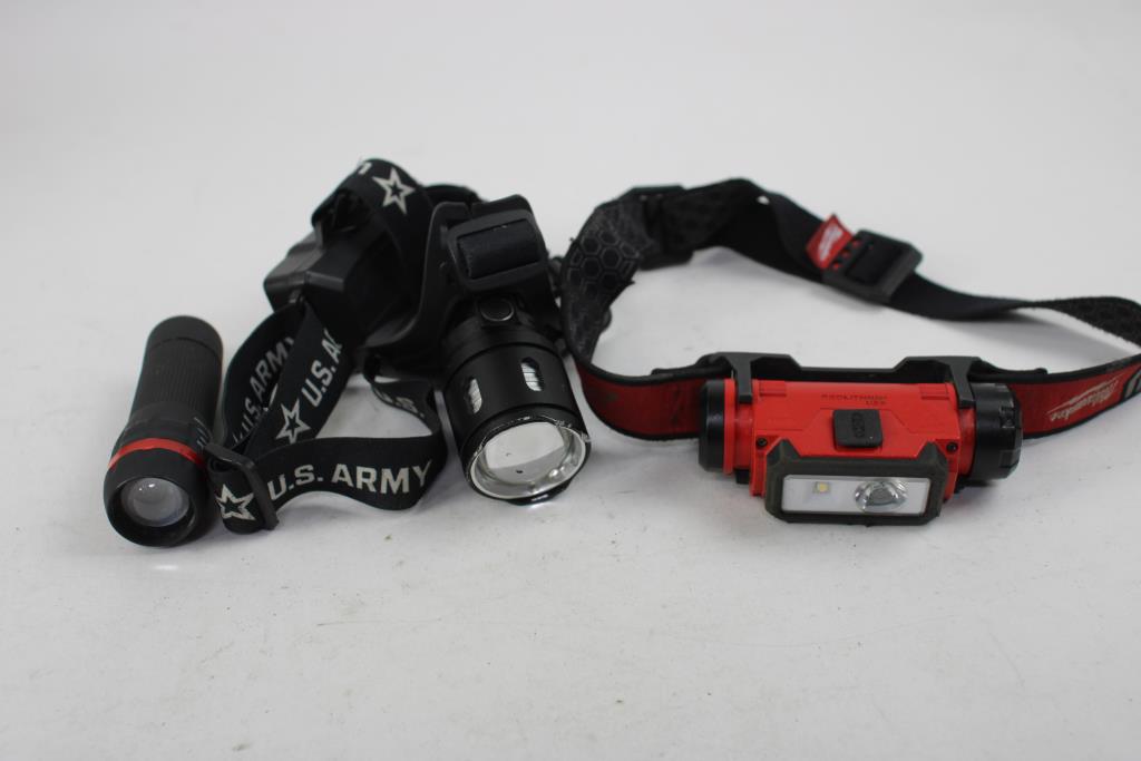 Milwaukee, US Army Headlamps, Adidas, Seattle Supersonics Hats, Flashlight, 5 Pieces