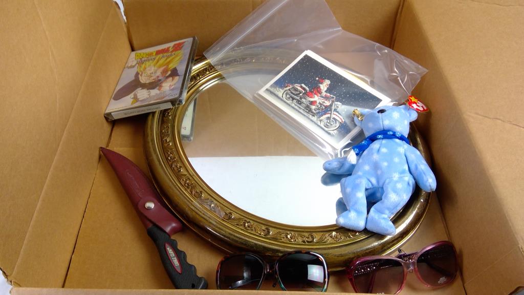 Mirror, Beanie Baby 1999 Holiday Teddy, Sunglasses, Eagle Claw Knife, And More