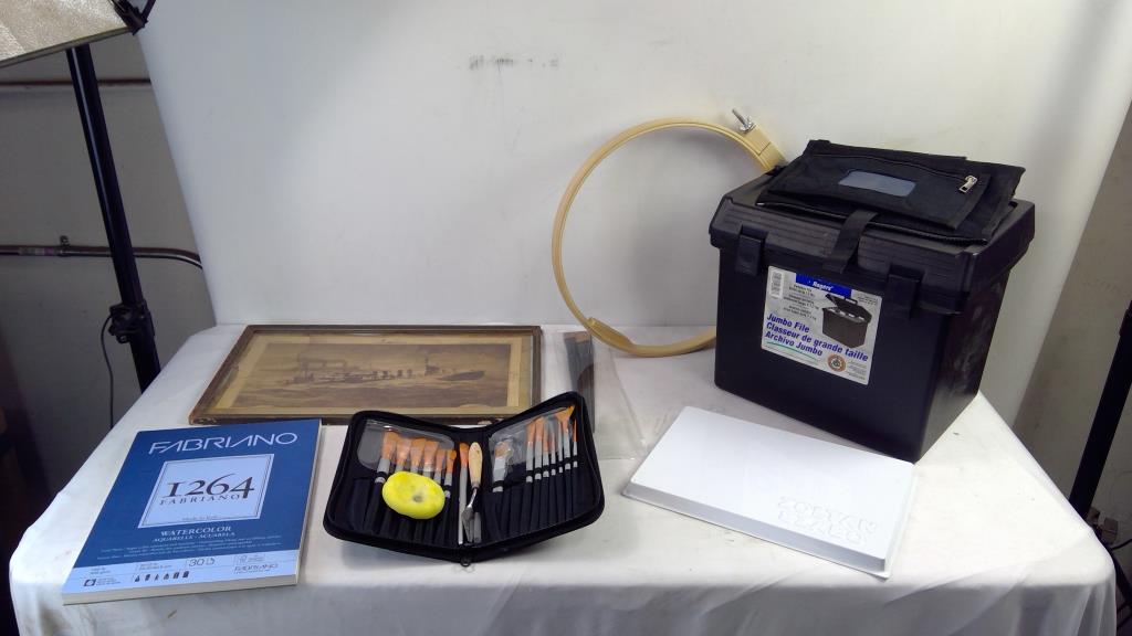 Misc Art Supplies, Antique Newspaper Clipping In Frame, Black Storage Box