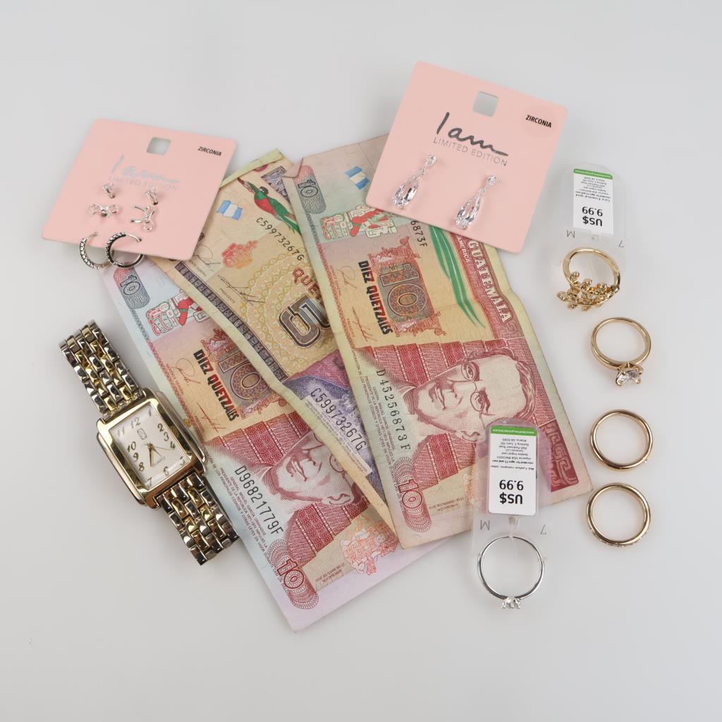 Mixed Jewelry And Watch With Foreign Currency, 11 Pieces