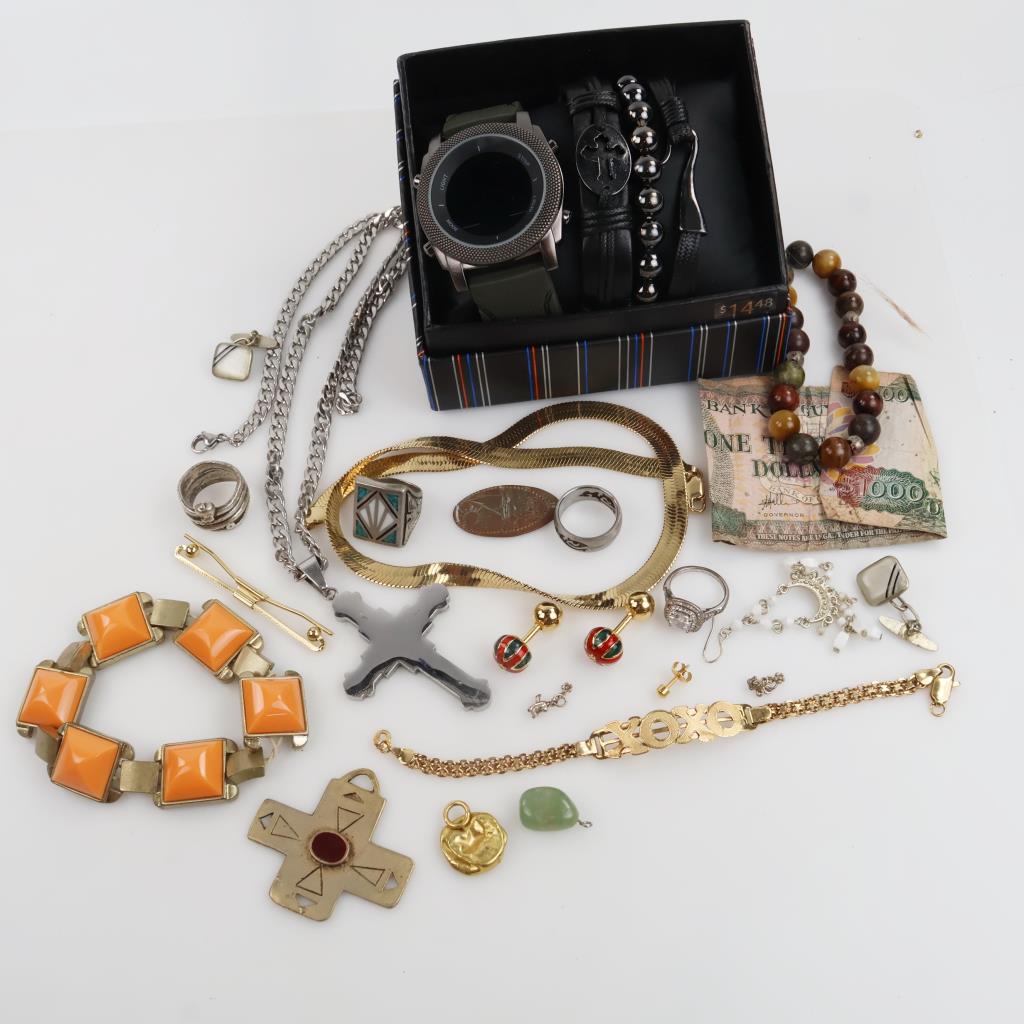 Mixed Jewelry And Watch With Foreign Currency And Tokens, 18+ Pieces