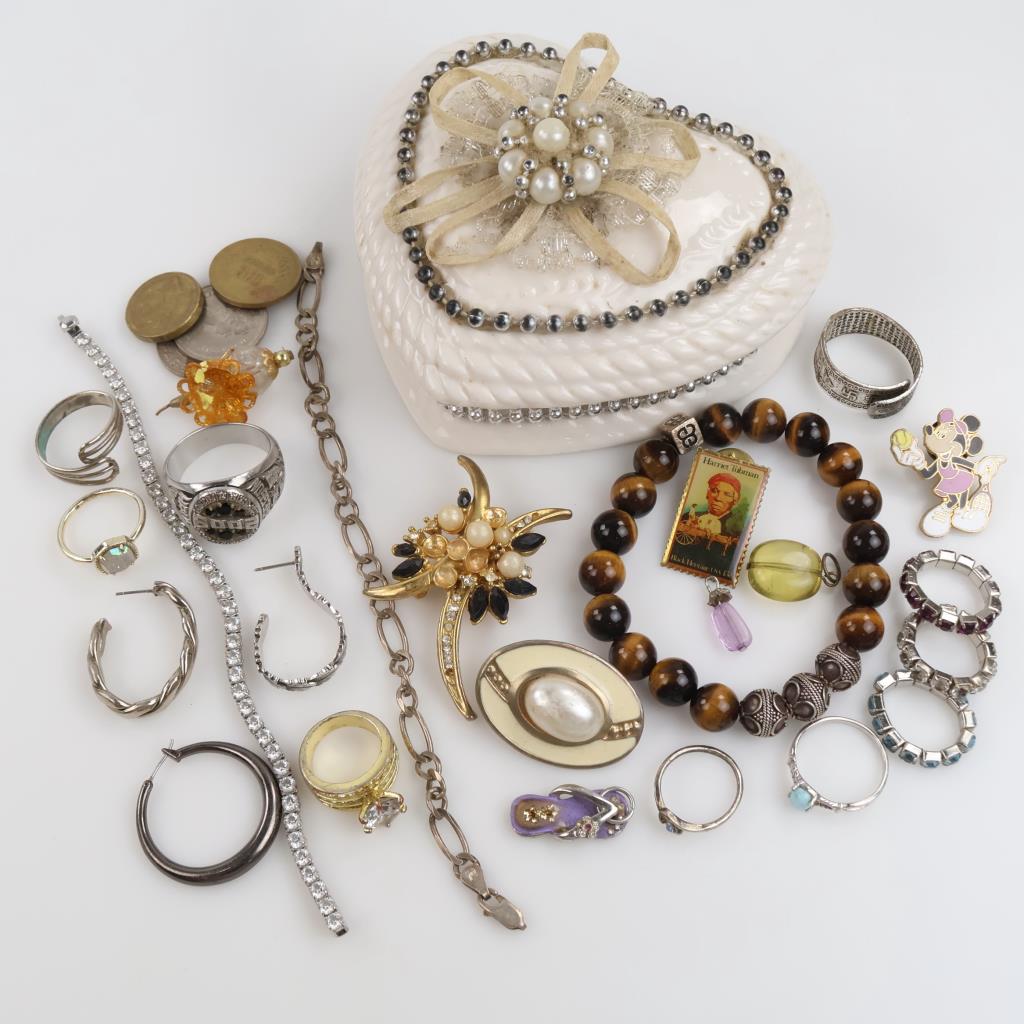 Mixed Jewelry, Foreign Coins & Jewelry Box, 20+ Pieces
