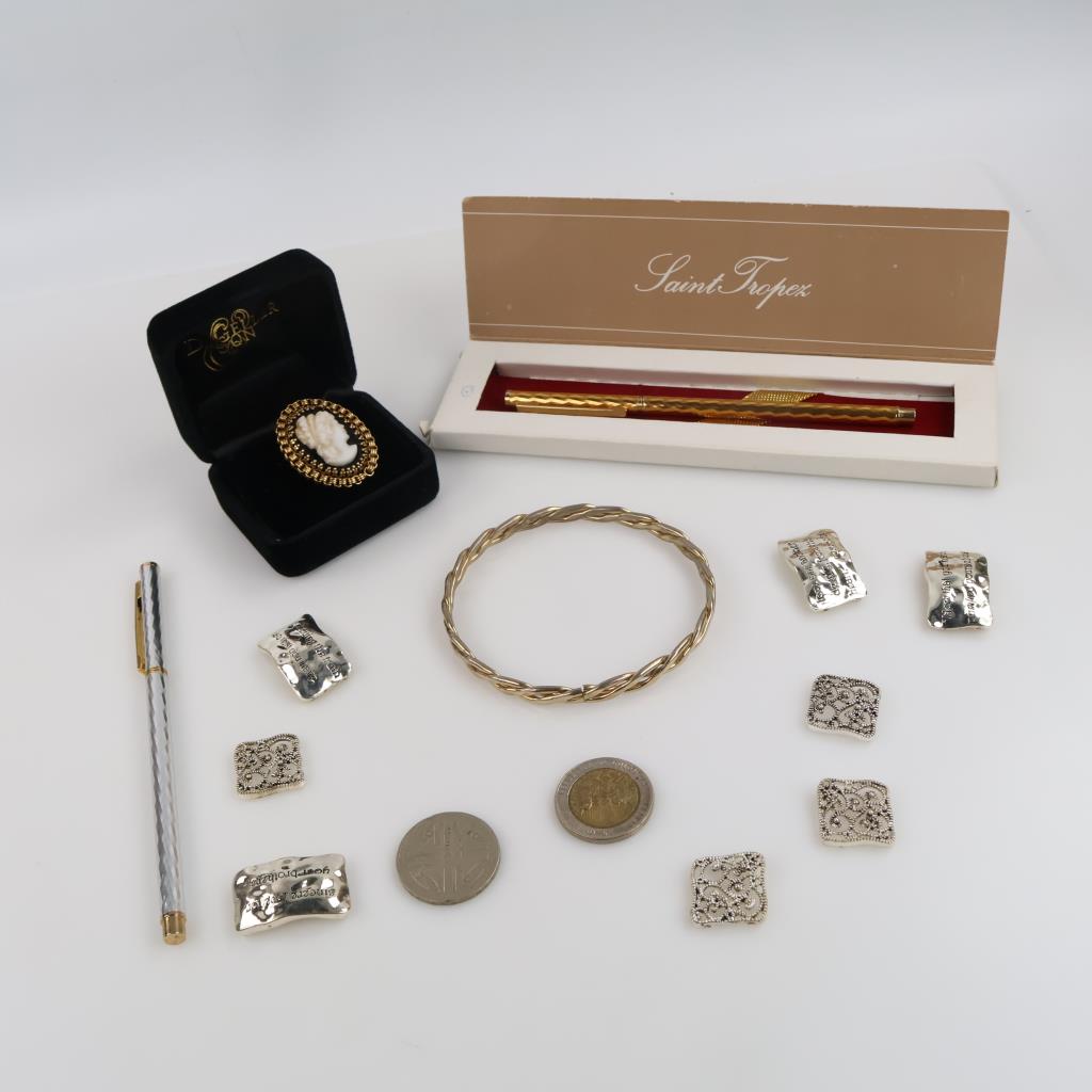Mixed Jewelry, Set Of Pens And Foreign Currency, 7+ Pieces