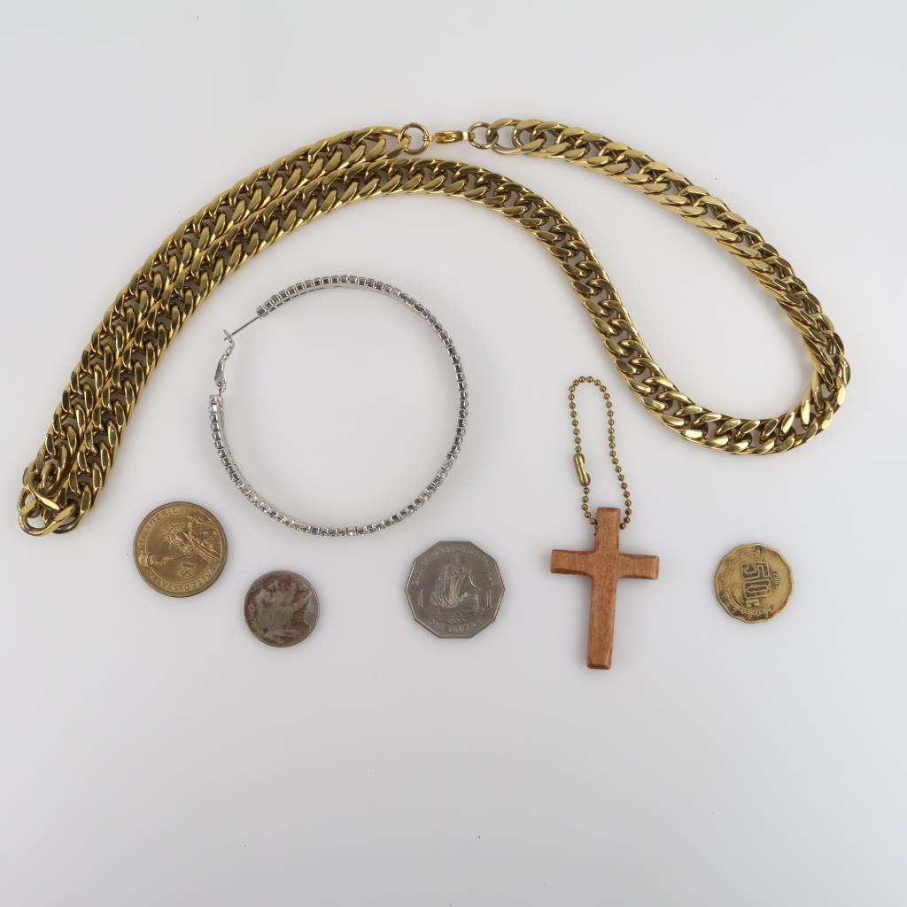 Mixed Jewelry, US And Foreign Currency And Tokens, 7 Pieces