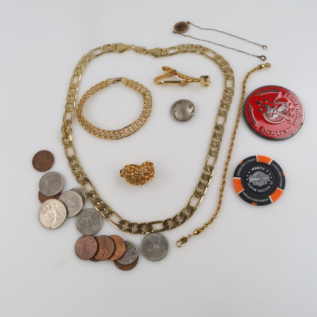 Mixed Jewelry, US Currency And Tokens, 15+ Pieces