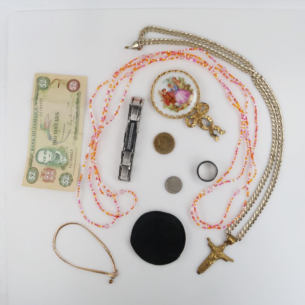 Mixed Jewelry, US & Foreign Currency, 9+ Pieces
