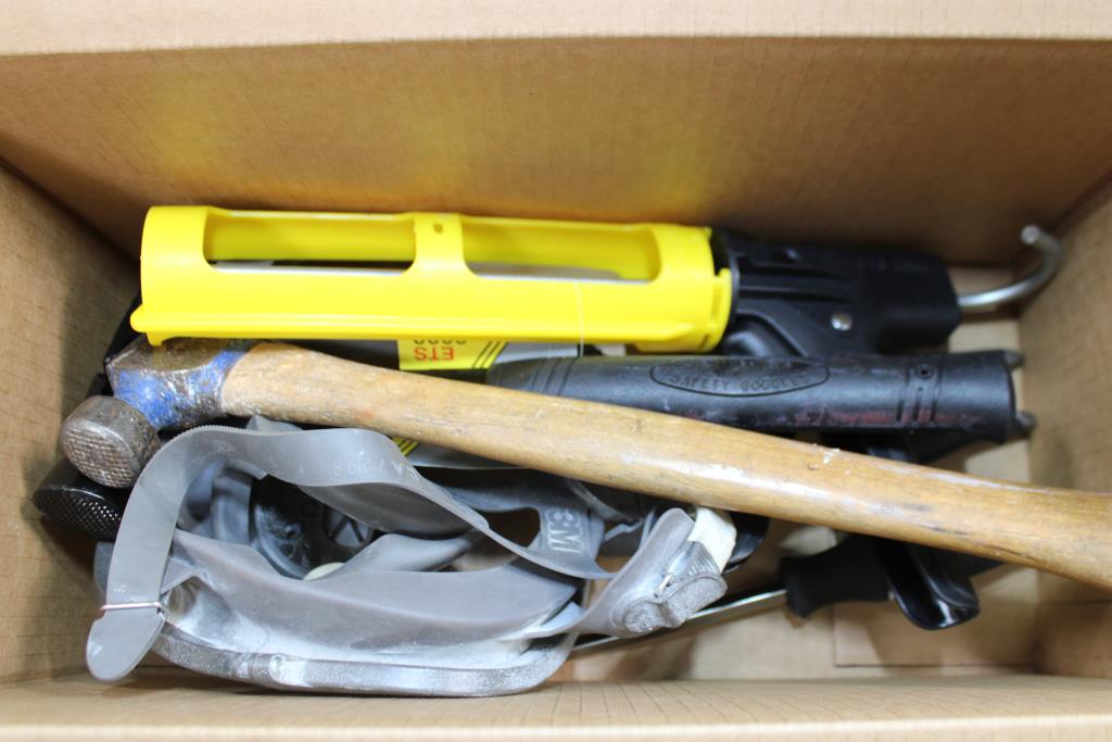 Mixed Tool Lot - Dripless Caulk Gun, Husky Locking Pliers, 3M Mask, And More, 7 Pieces