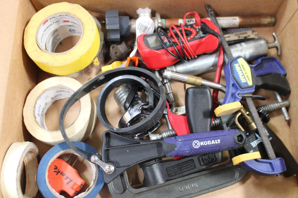Mixed Tool Lot - Duct Tape, Irwin Quick-Grip, Wall Hydrant, Digital Multimeter, And More