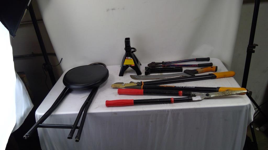 Mixed Tool Lot - Fiskars Power Gear Loppers, Machete, Jack Stand, And More
