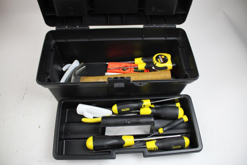 Mixed Tool Lot In Stanley Tool Box - Tape Measure, Lighted Bit Driver Set, And More
