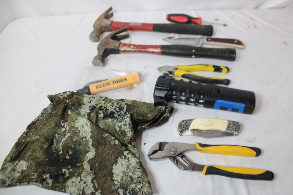 Mixed Tool Lot - Klein Tools Voltage Tester, Ozark Trail Knife, Hammers, And More