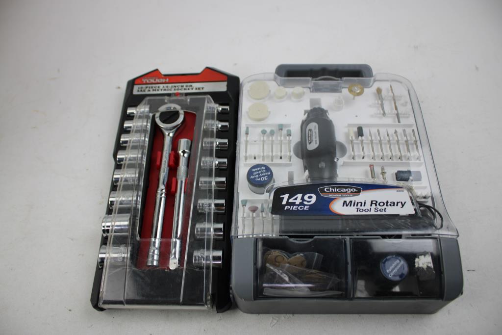 Mixed Tool Lot - Mini Rotary Tool Set, Utility Knives, Socket Set, And More
