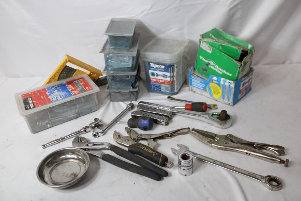 Mixed Tool Lot - Wedge Anchors, Tapcon Concrete Anchors, Socket Wrench, And More