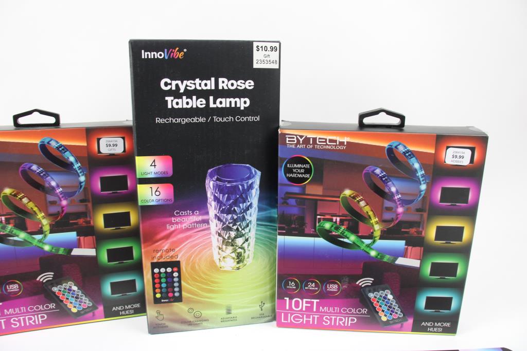 Multi Room Puck MultiGlo LED Puck Lights, Crystal Rose Table Lamp, And 10Ft LED Light ...