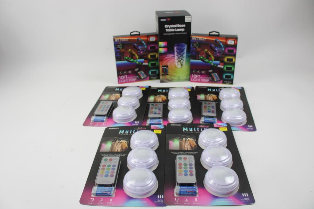 Multi Room Puck MultiGlo LED Puck Lights, Crystal Rose Table Lamp, And 10Ft LED Light ...