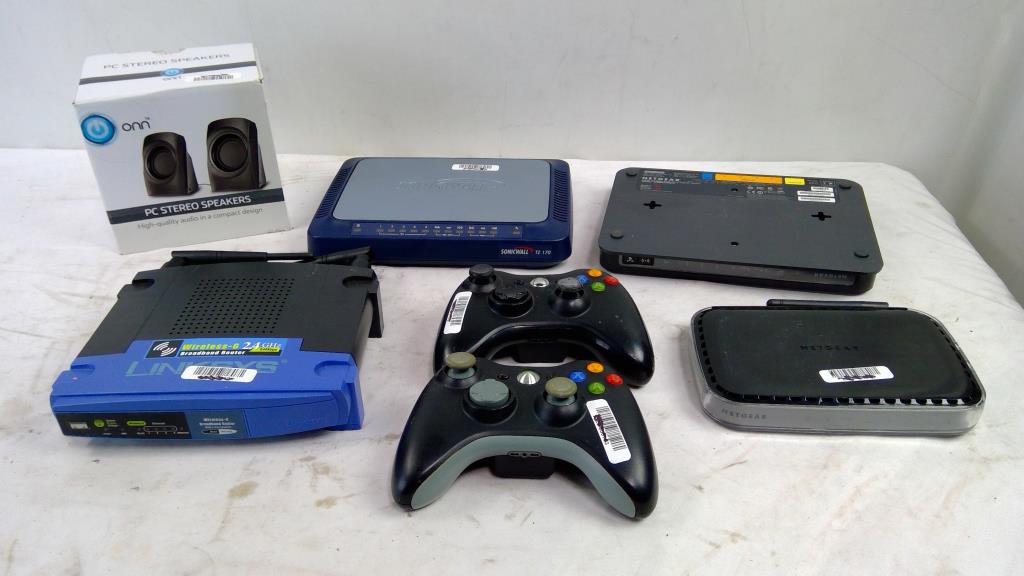 NetGear, Linksys Routers, Onn PC Speakers, Xbox 360 Controllers, SonicWall Node, 7 Pieces