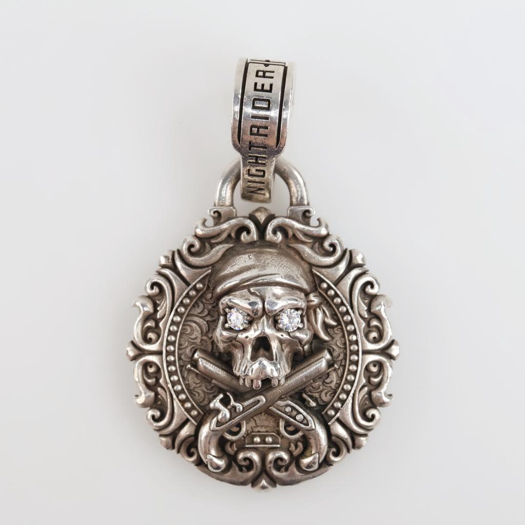 Nightrider Sterling Silver Skull Clear Stone Pendant