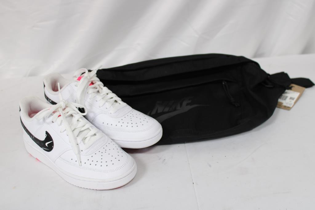Nike Women's 6.5 Court Vision Low White Multi Swoosh Sneakers And Sling Bag