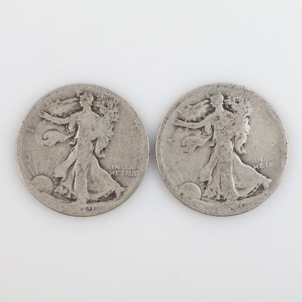 No Date US Walking Liberty Silver Half Dollars, 2 Coins