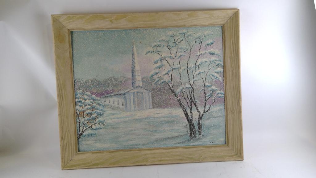 Oil Painting Of Snowy Churchfront