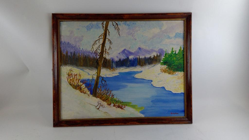 Oil Painting Of Snowy Riverbank