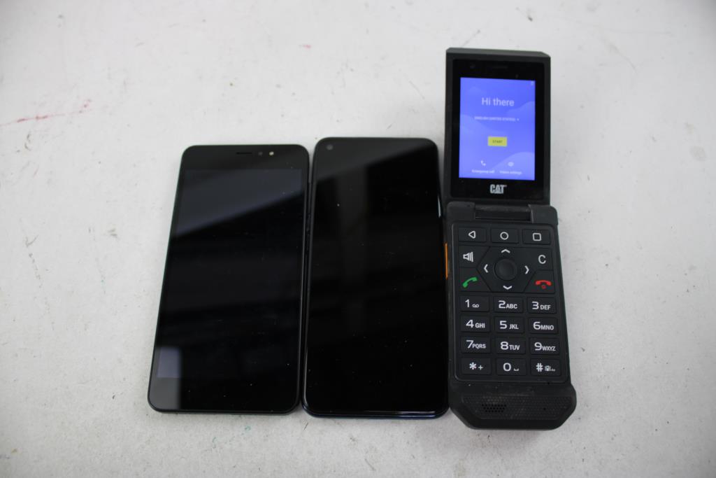 One Plus & CAT Cell Phone Lot, 3 Pieces, Sold For Parts