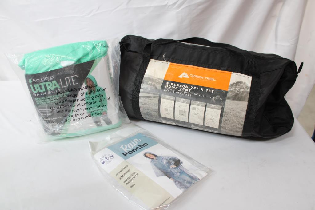 Ozark Trail 7ftx7ft Dome Tent, Rain Poncho, & Women's Ulta Lite Rain Suit 3 Pieces