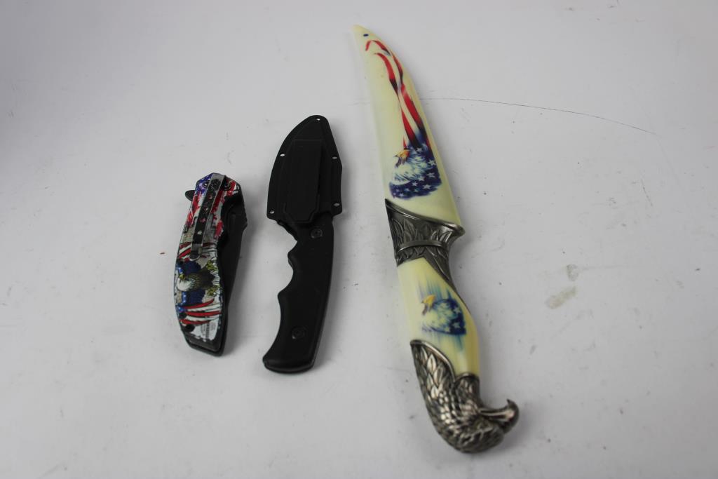 Ozark Trail, Snake Eye Knives, And USA Flag Bald Eagle Fixed Blade Knife, 3 Pieces