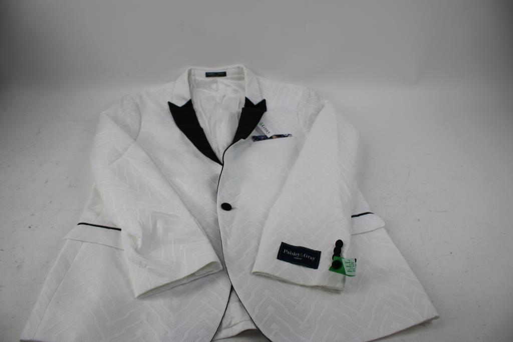 Paisley & Gray Suit Jacket, White/Black Trim, Size 44R