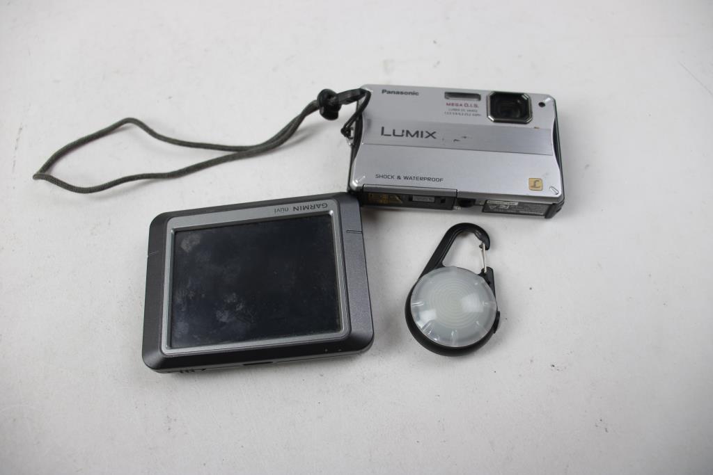 Panasonic Lumix DMC-TS10 Camera, Garmin Nuvi 250 GPS, And Carabiner Light, 3 Pieces