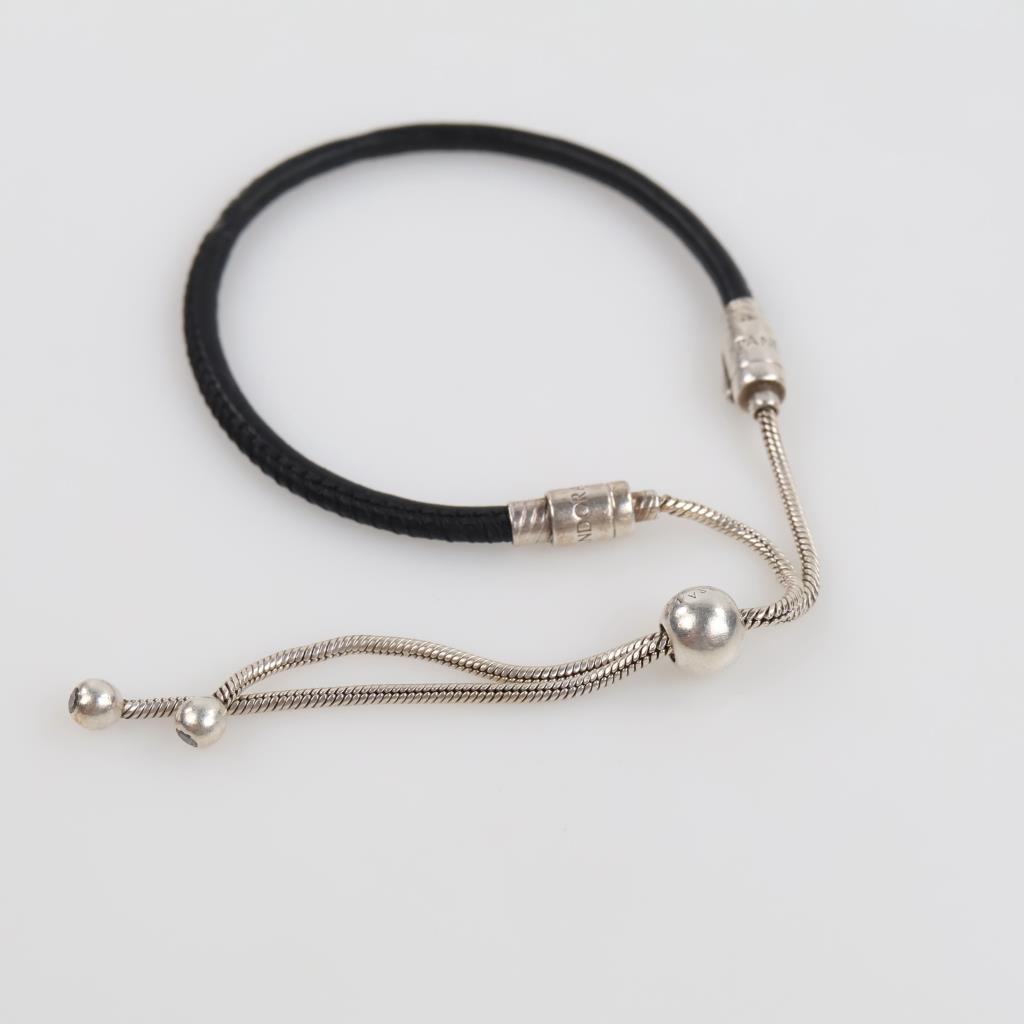 Pandora Moments Black Leather Slider Silver  Bracelet