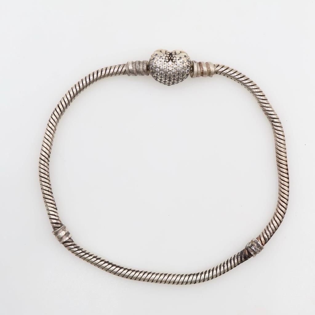 Pandora Moments Sterling Silver Sparkling Heart & Snake Chain Bracelet