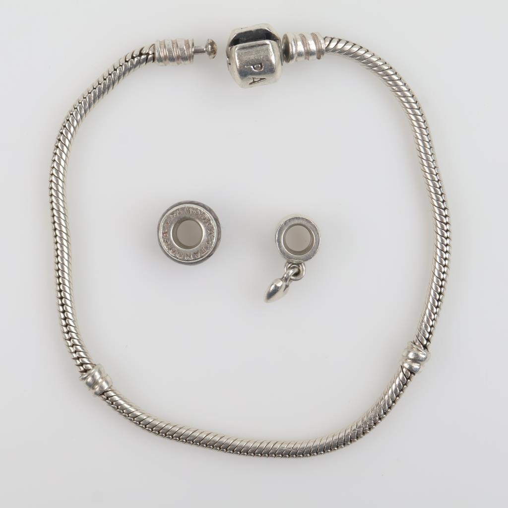 Pandora Sterling Silver Bracelet And Charms, 3 Pieces
