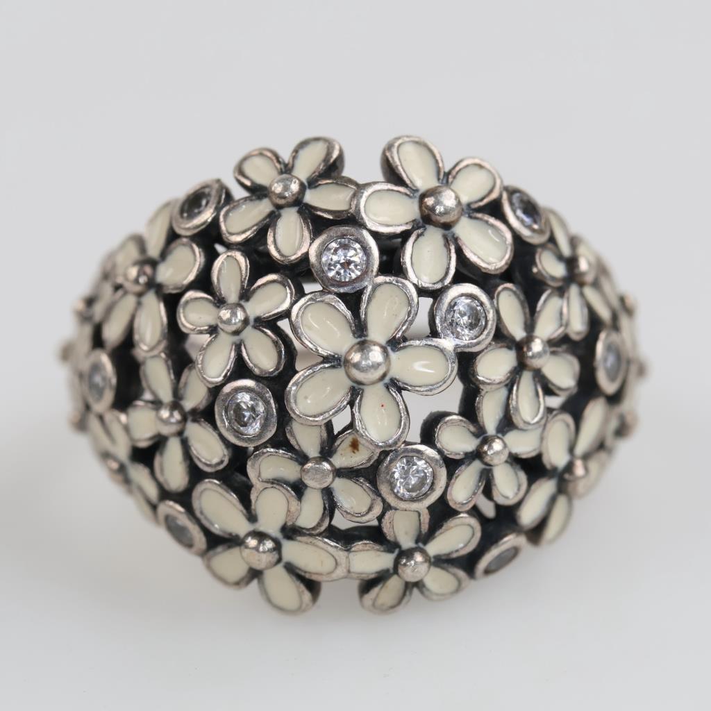Pandora Sterling Silver Clear Stone White Enamel Daisy Flower Ring