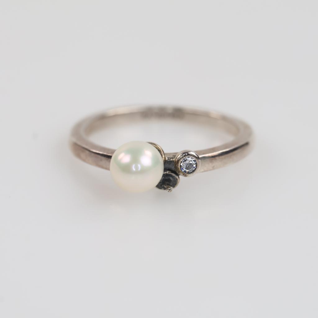 Pandora Sterling Silver Freshwater Cultured Pearl Clear Stone Accent Ring