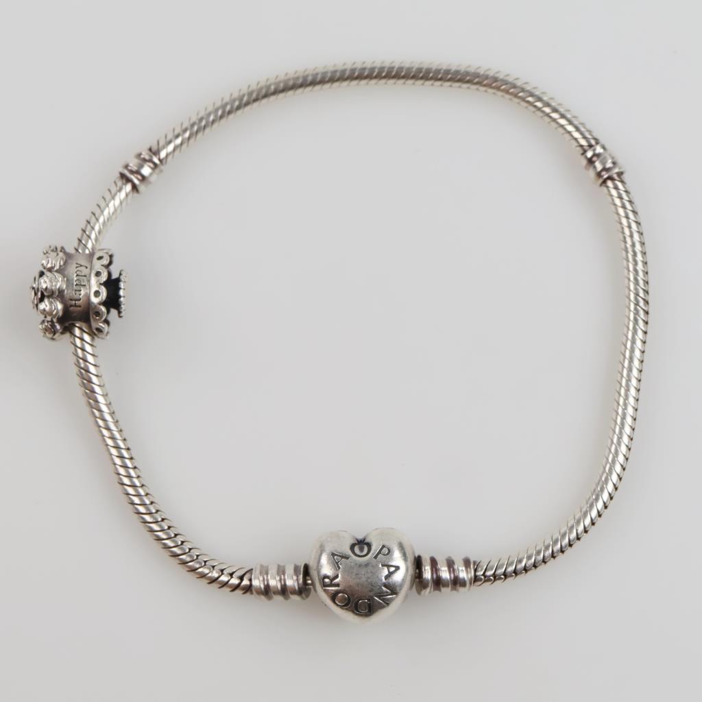 Pandora Sterling Silver Moments Heart Snake Chain Bracelet With Happy Birthday Cake Charm