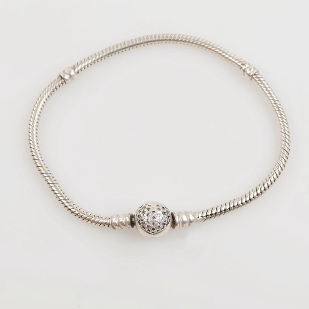 Pandora Sterling Silver Sparkling Heart Clasp Snake Chain Bracelet