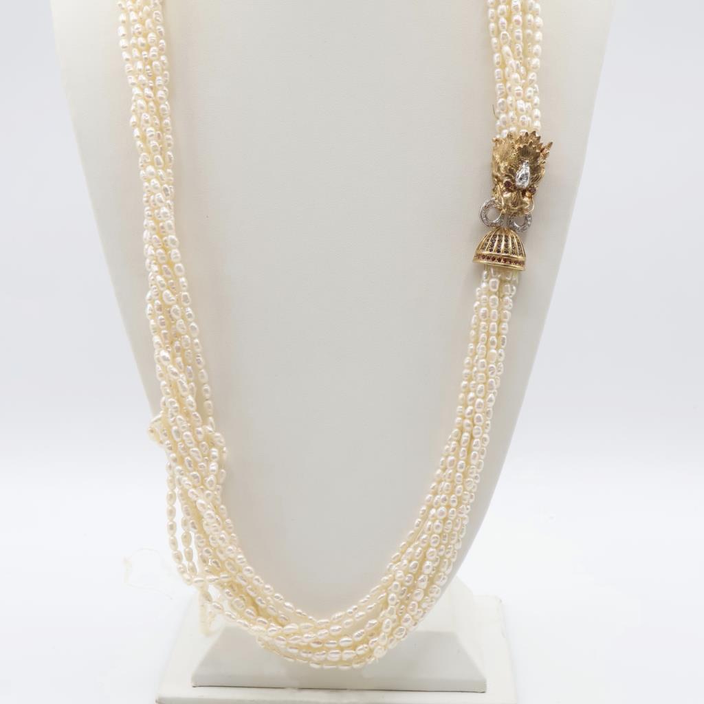 Pearl Necklace 14kt Gold Diamond Sapphire And Ruby Clasp-Evaluated by Certified AGS/GIA