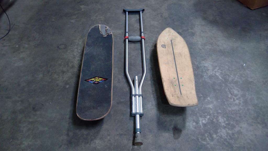 Penny And Golden Dragon Skateboards With Singular Crutch, 3 Pieces