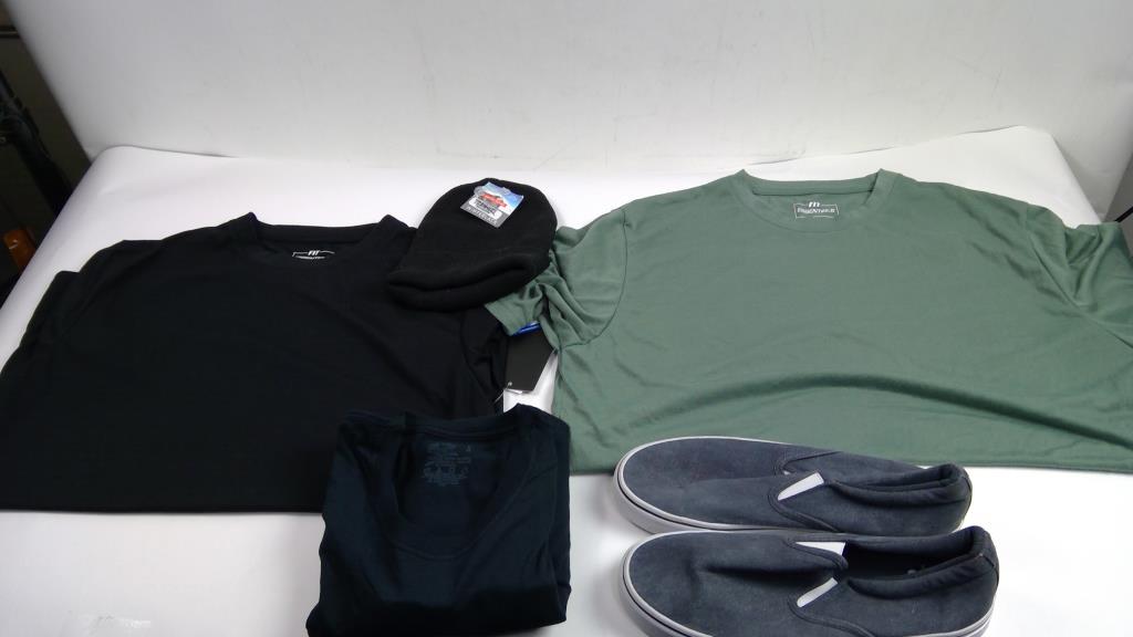Performance XL Tee, Black Large Tees, Winter Beanie, And Size 8 Slip-On Shoes, 5 Pieces