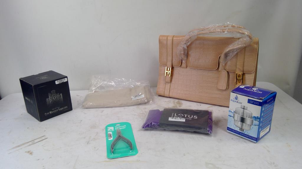 Pink Handbag, Whiskey Tumblers, Lotus Eyepillow, Cloth Napkins, And More, 6 Pieces