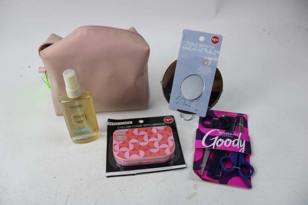 Pink Makeup Bag With Eyelashes, Mirror, Case, Shears Set,  Eyeglasses Cord, Hair Oil