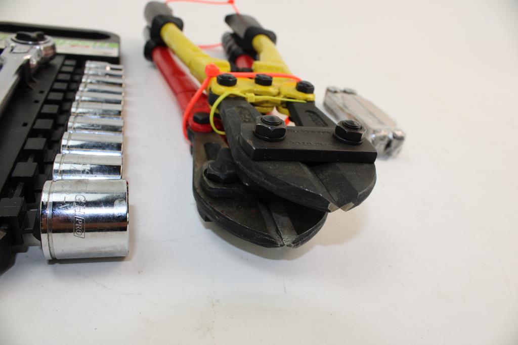 Pittsburgh Socket Set, Leatherman Wave Multitool, & Bolt Cutters; 4